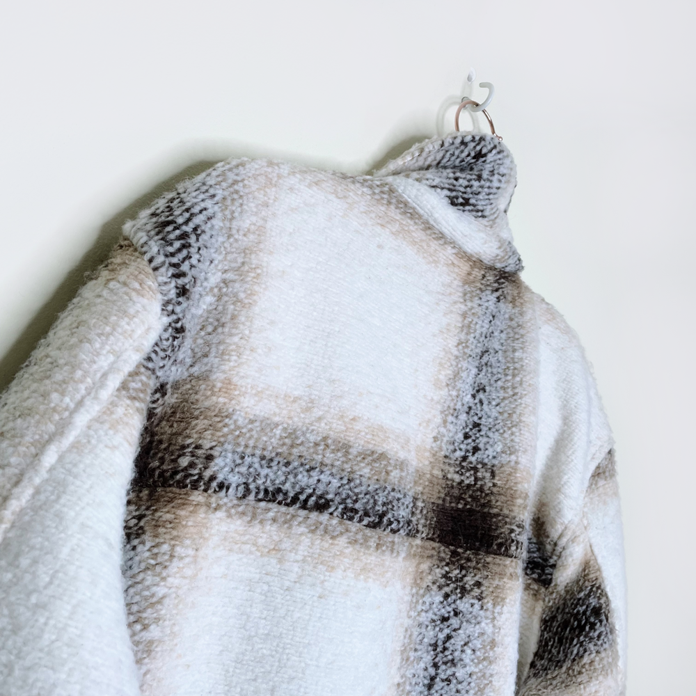 joie windowpane plaid woven long shirt jacket - size medium