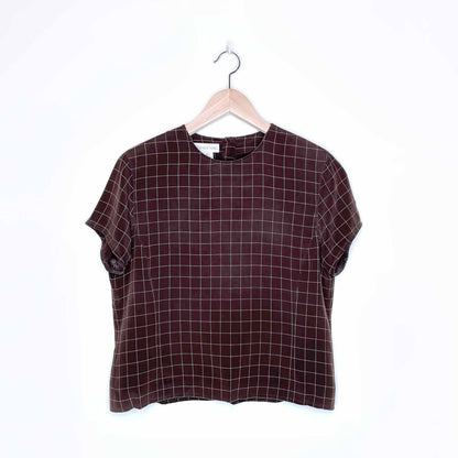 jones new york brown windowpane plaid silk cropped tee - size 8