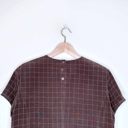 jones new york brown windowpane plaid silk cropped tee - size 8