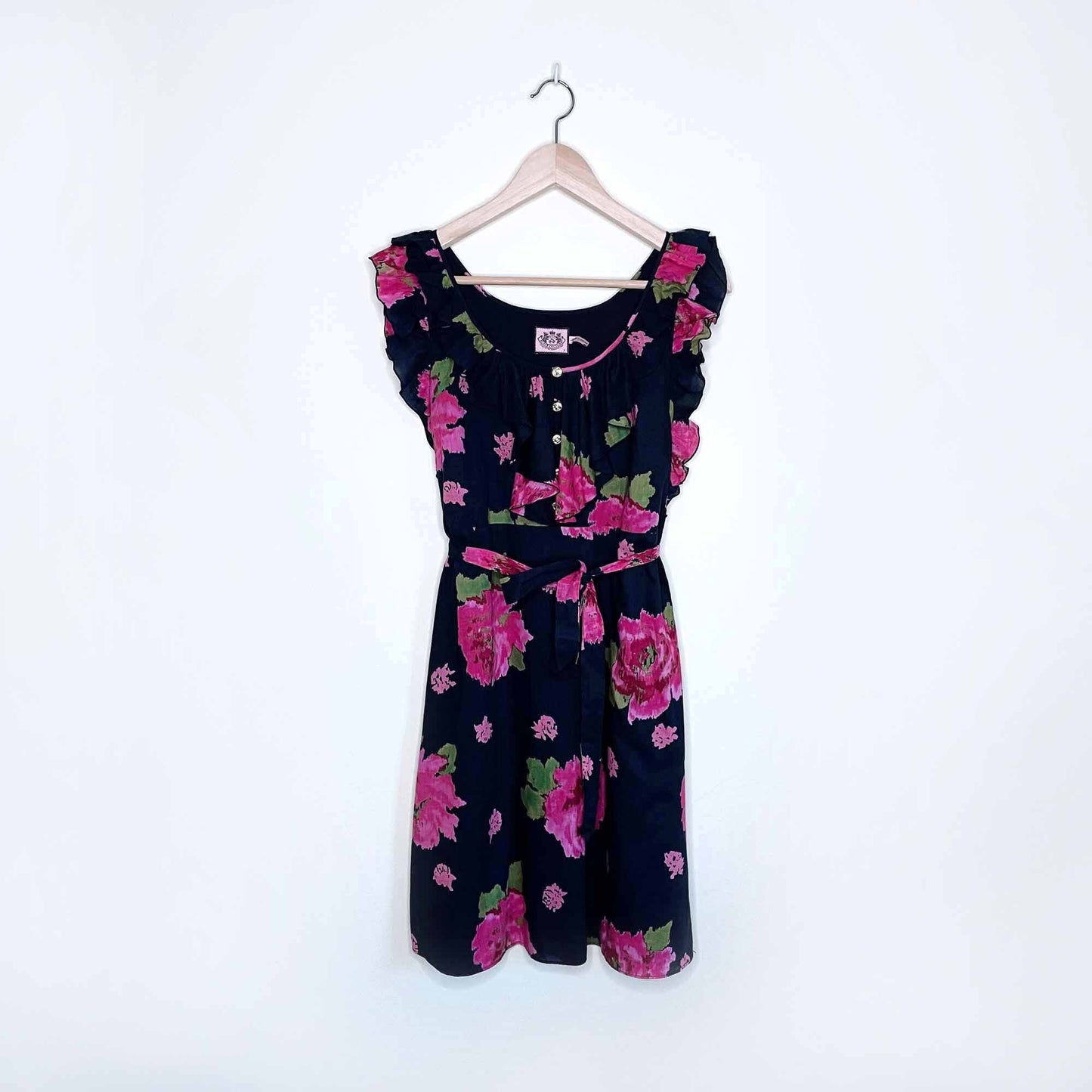 juicy couture floral dress with ruffle necklie and tie waist - size 6