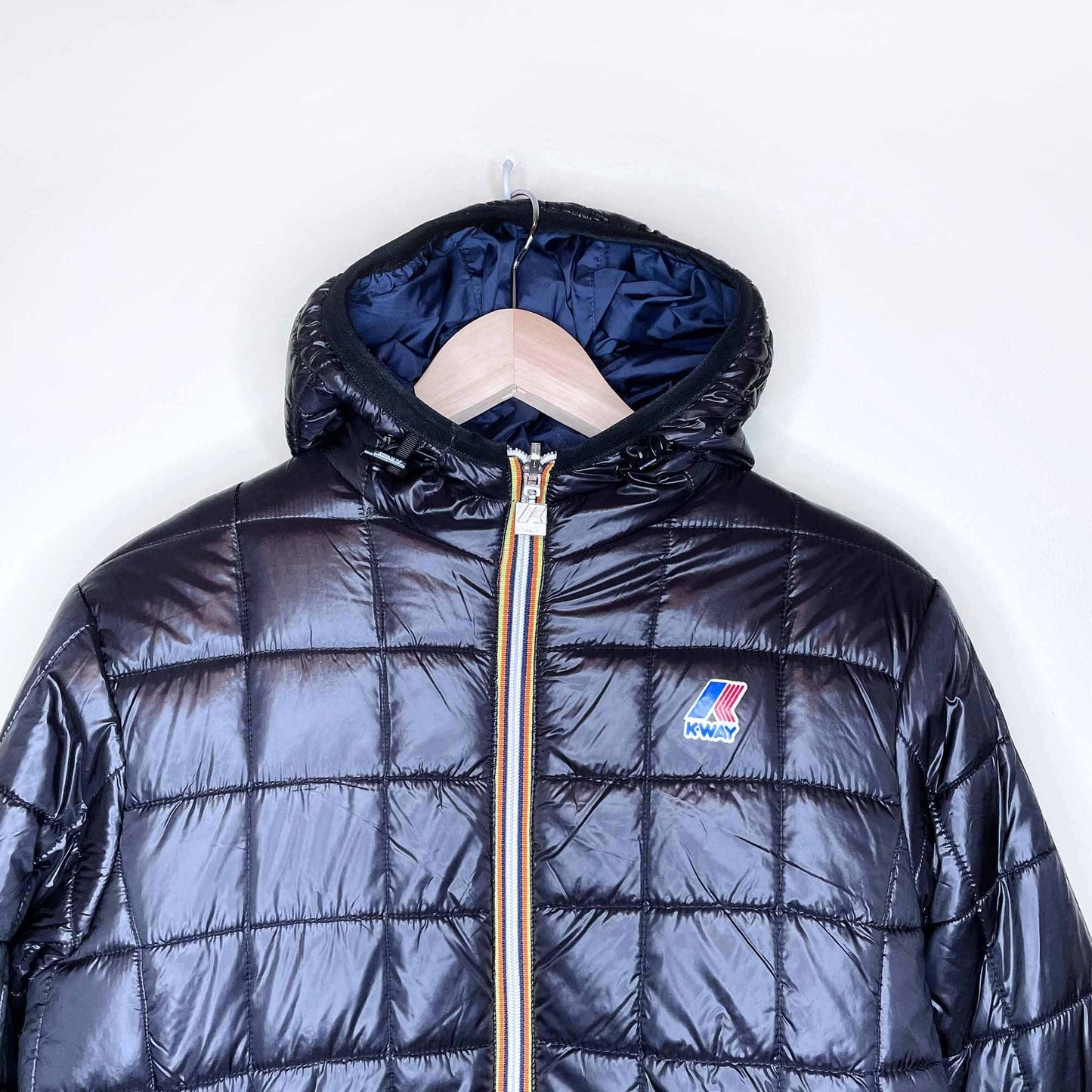 k-way long reversible puffer high neck rain jacket with hood - size large