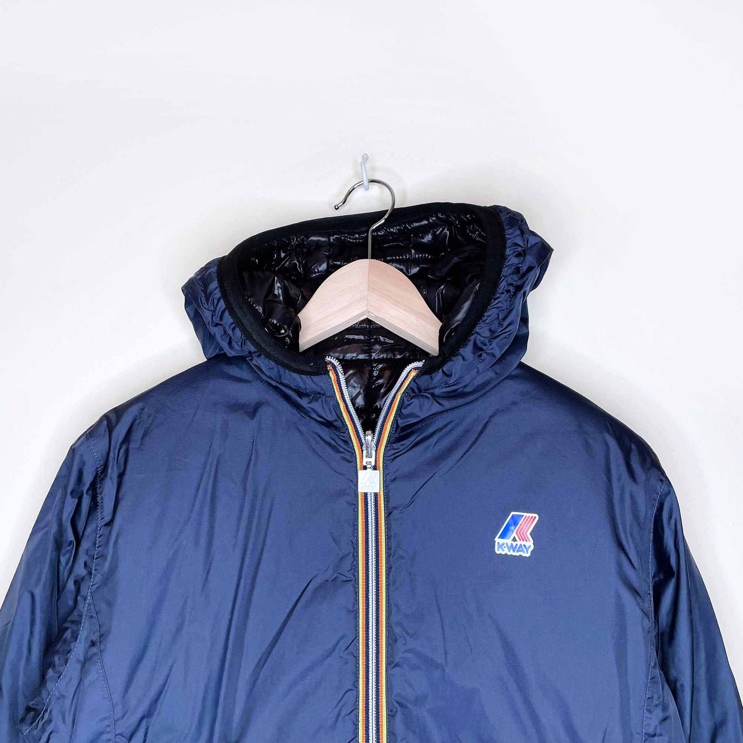 k-way long reversible puffer high neck rain jacket with hood - size large