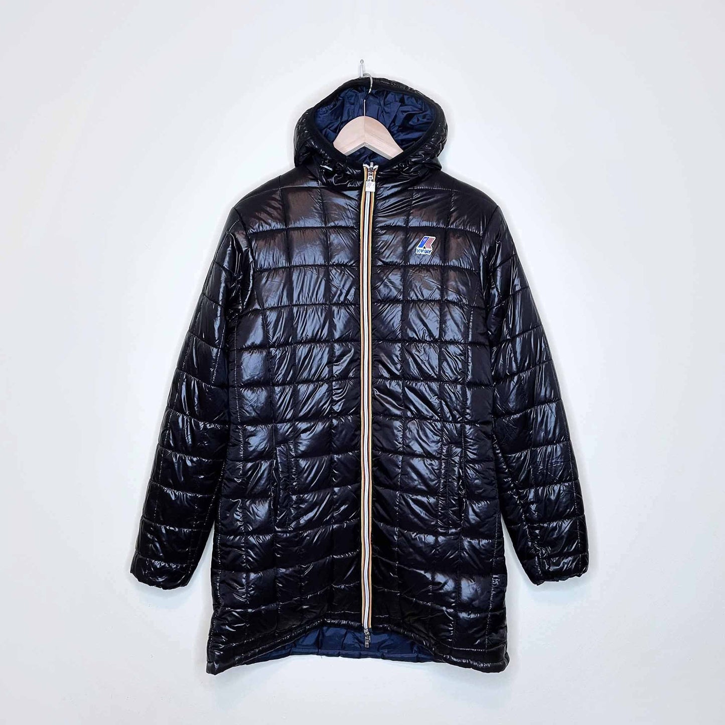 k-way long reversible puffer high neck rain jacket with hood - size large