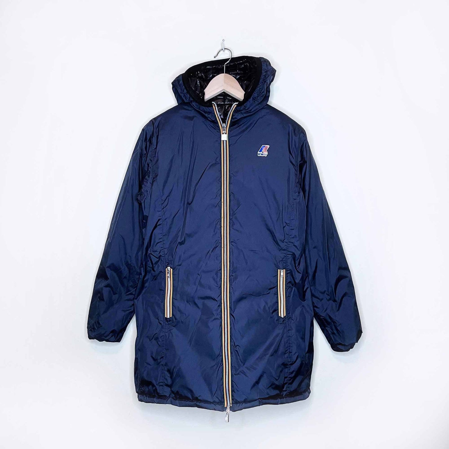 k-way long reversible puffer high neck rain jacket with hood - size large