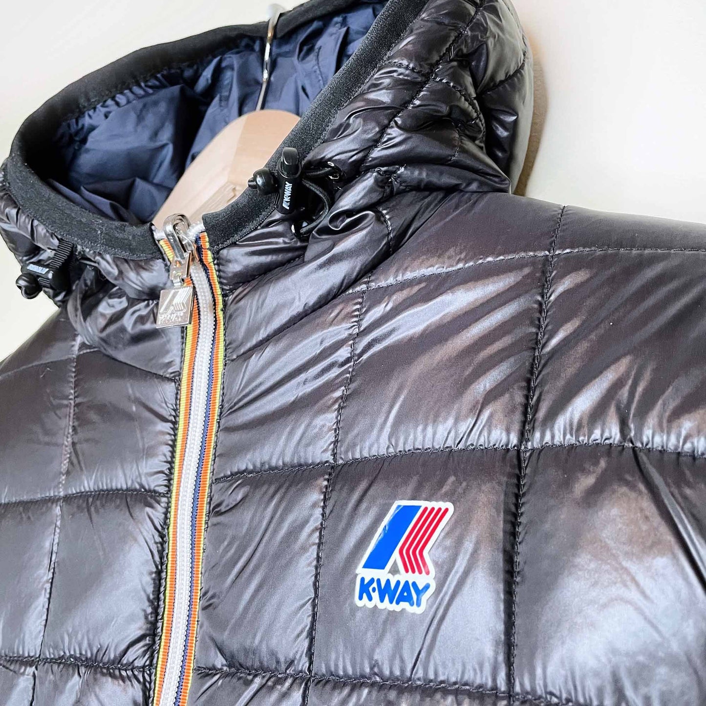 k-way long reversible puffer high neck rain jacket with hood - size large