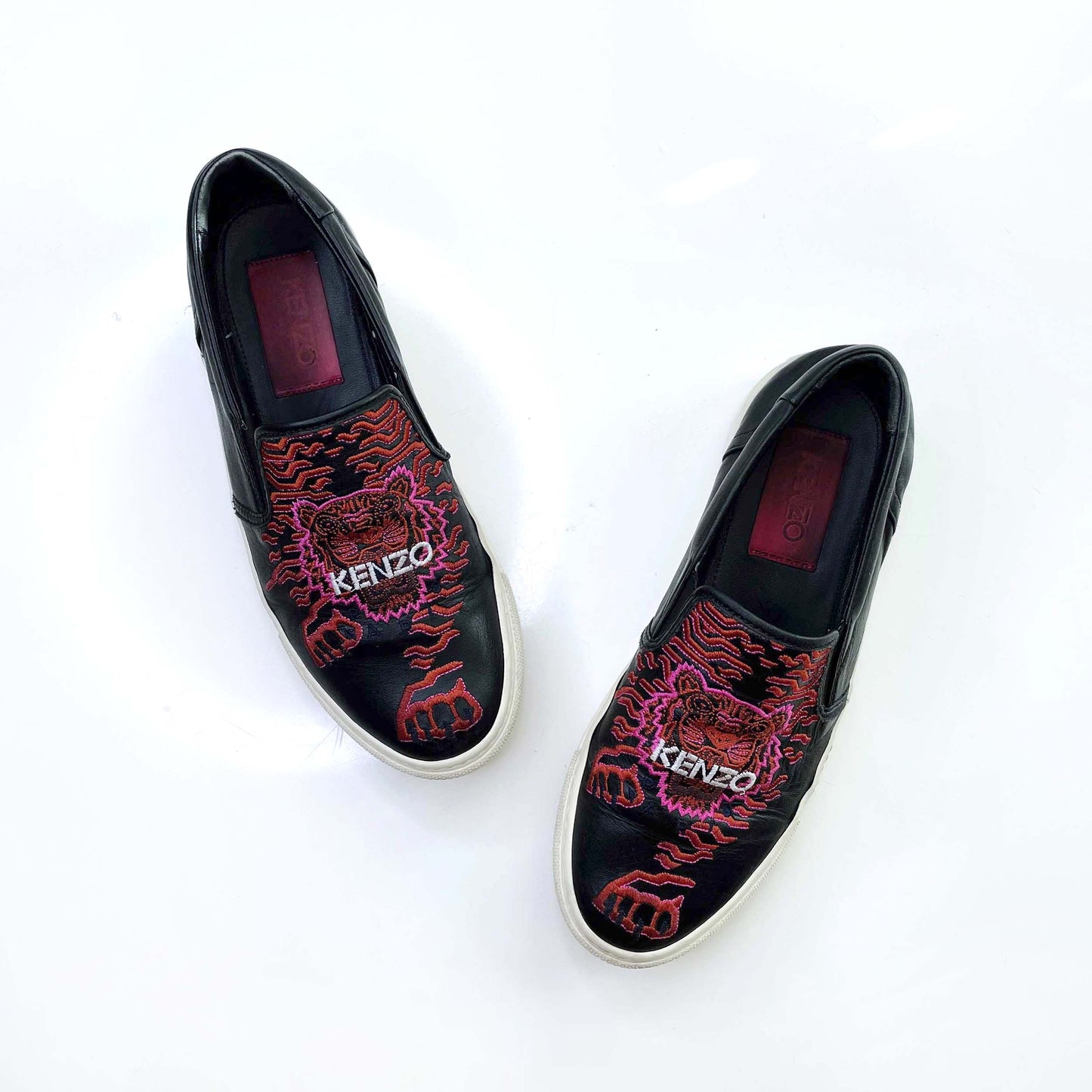 kenzo black leather slip on tiger loafers - size 37