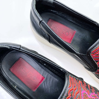 kenzo black leather slip on tiger loafers - size 37