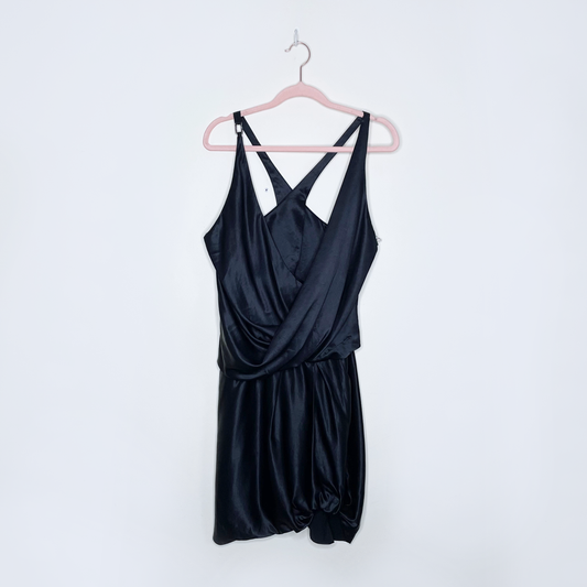helmut lang black satin draped cowl neck cross strap mini dress - size 4