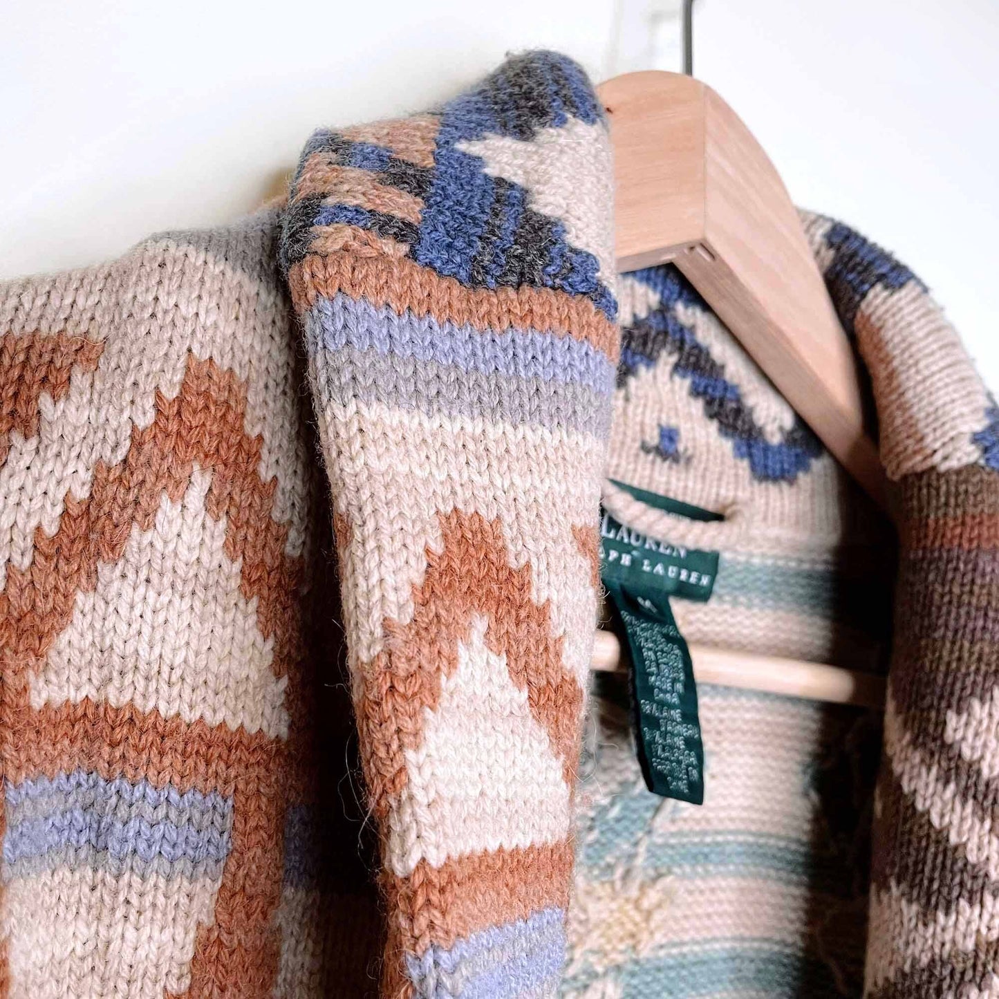 vintage ralph lauren hand-knit navajo wool-alpaca ranch cardigan - size medium