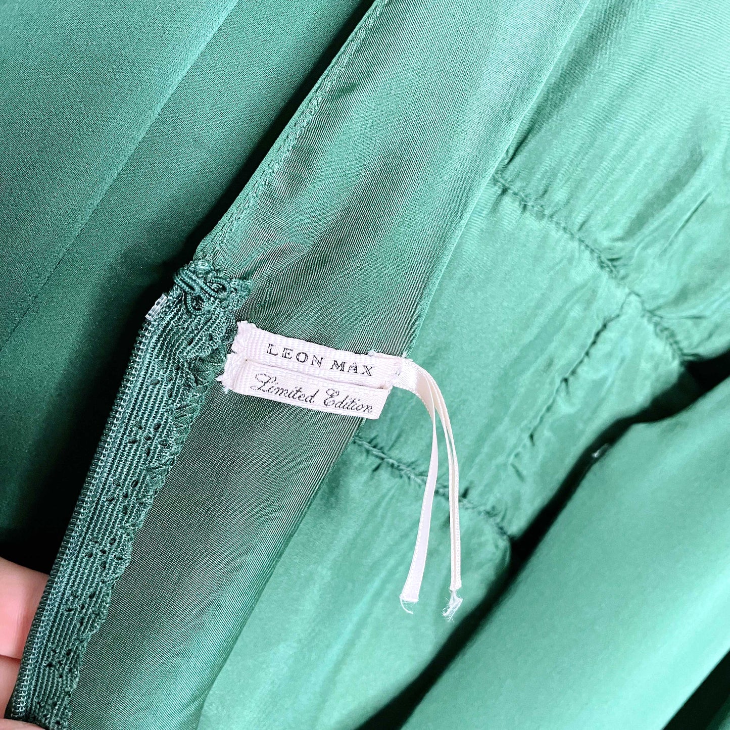 leon max special edition green silk goddess dress - size 10