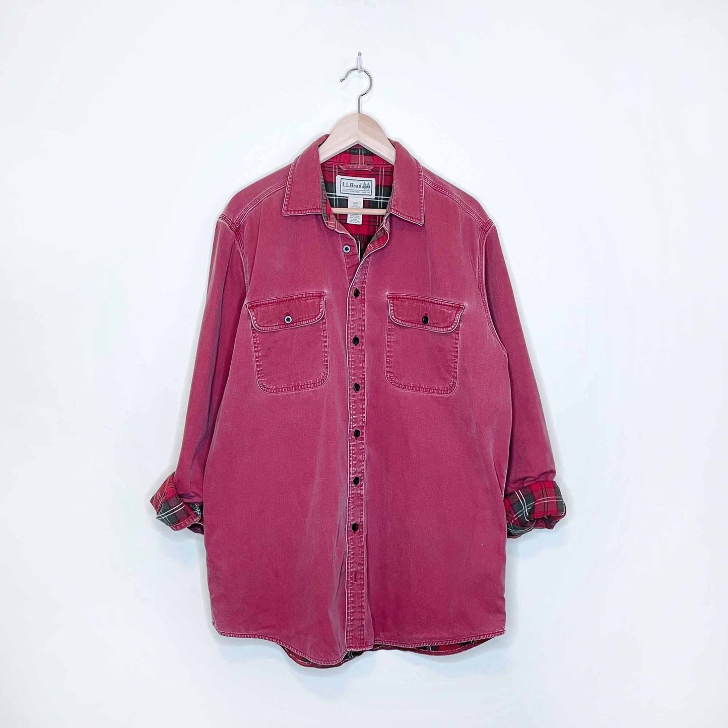 vintage 90's ll bean flannel lined button down chore shirt - size large tall