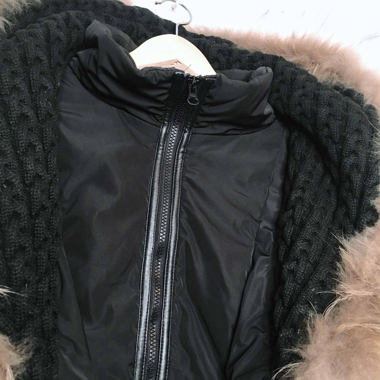 rudsak-style leather sleeve down parka with fur - size medium