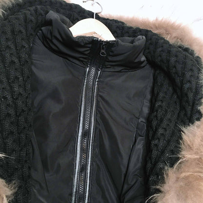 rudsak-style leather sleeve down parka with fur - size medium