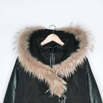 rudsak-style leather sleeve down parka with fur - size medium