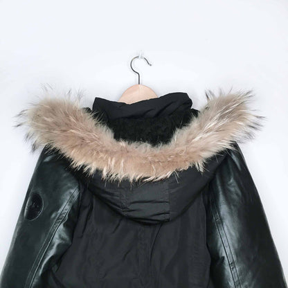 rudsak-style leather sleeve down parka with fur - size medium