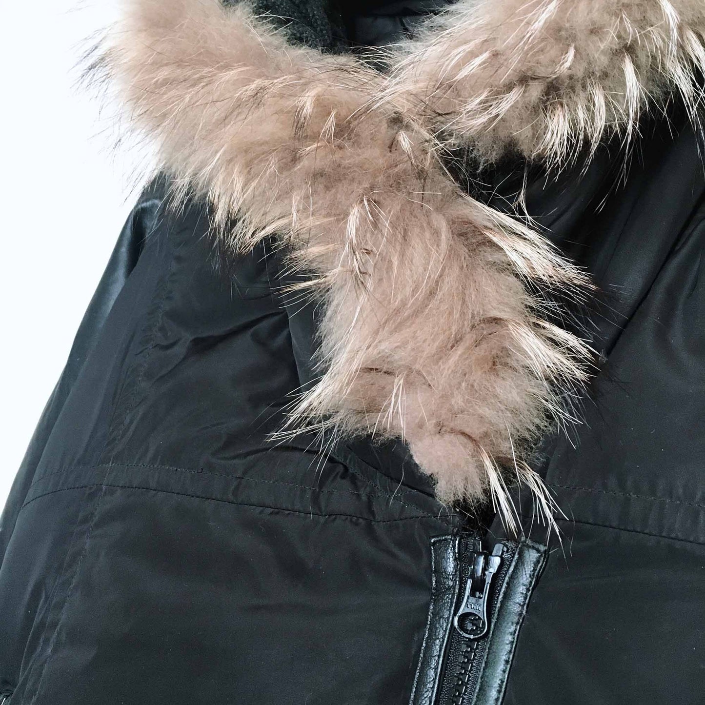 rudsak-style leather sleeve down parka with fur - size medium