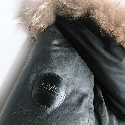 rudsak-style leather sleeve down parka with fur - size medium