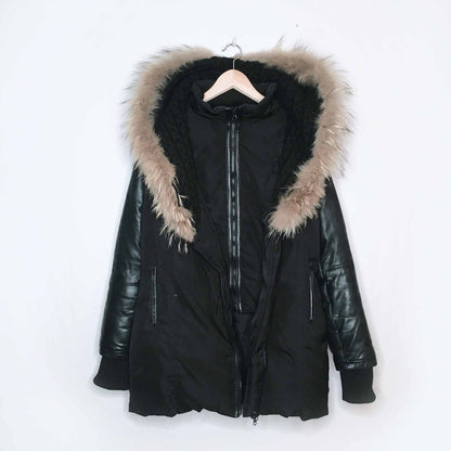 rudsak-style leather sleeve down parka with fur - size medium
