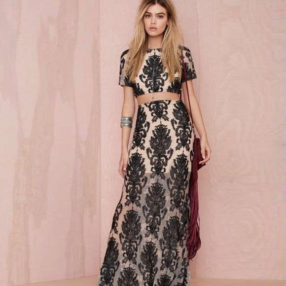 for love & lemons ethereral nude black lace maxi skirt - size large