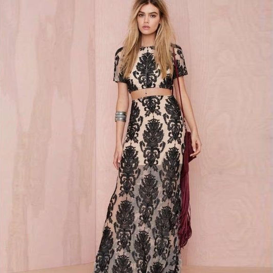 for love & lemons ethereral nude black lace maxi skirt - size large