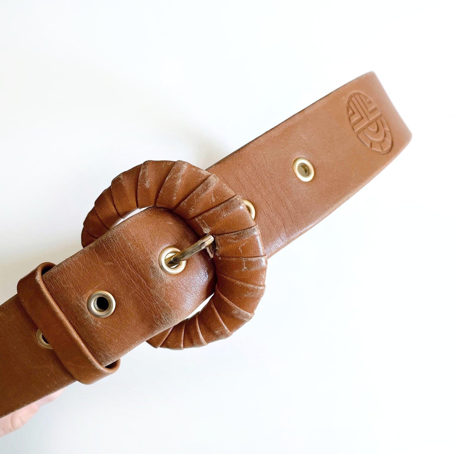 louis feraud brown leather logo emblem belt - size 38