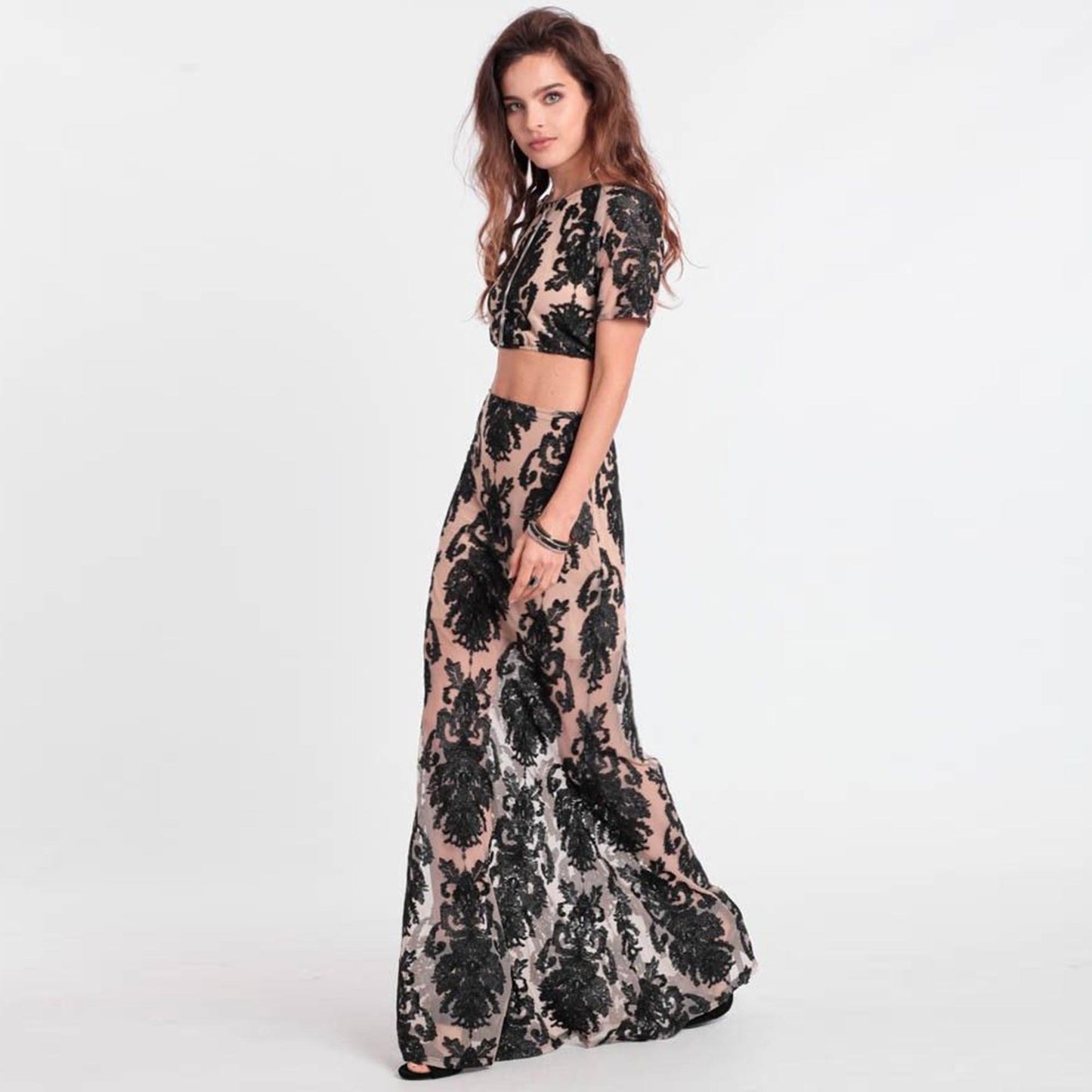 for love & lemons ethereral nude black lace maxi skirt - size large
