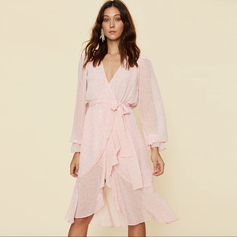 lpa pink leopard chiffon ruffle wrap duster dress - size xs