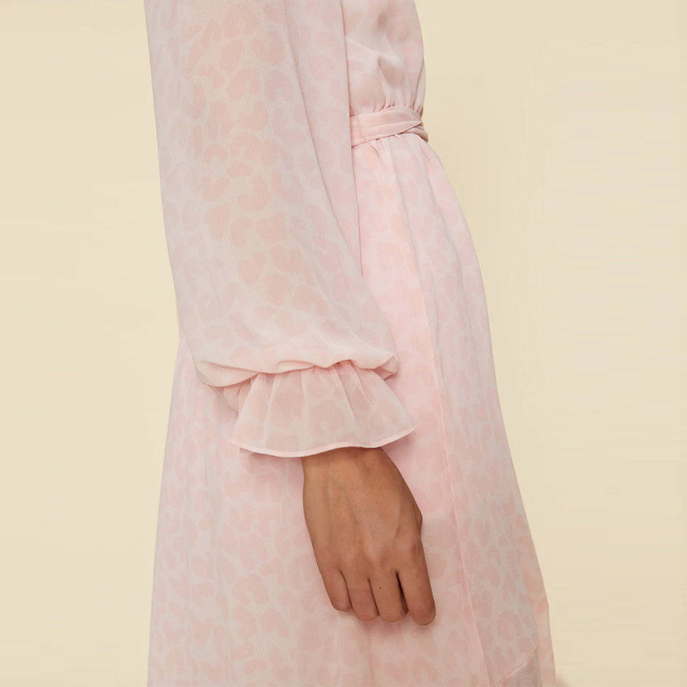 lpa pink leopard chiffon ruffle wrap duster dress - size xs