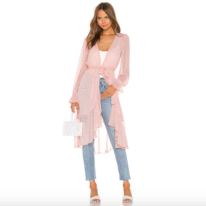 lpa pink leopard chiffon ruffle wrap duster dress - size xs