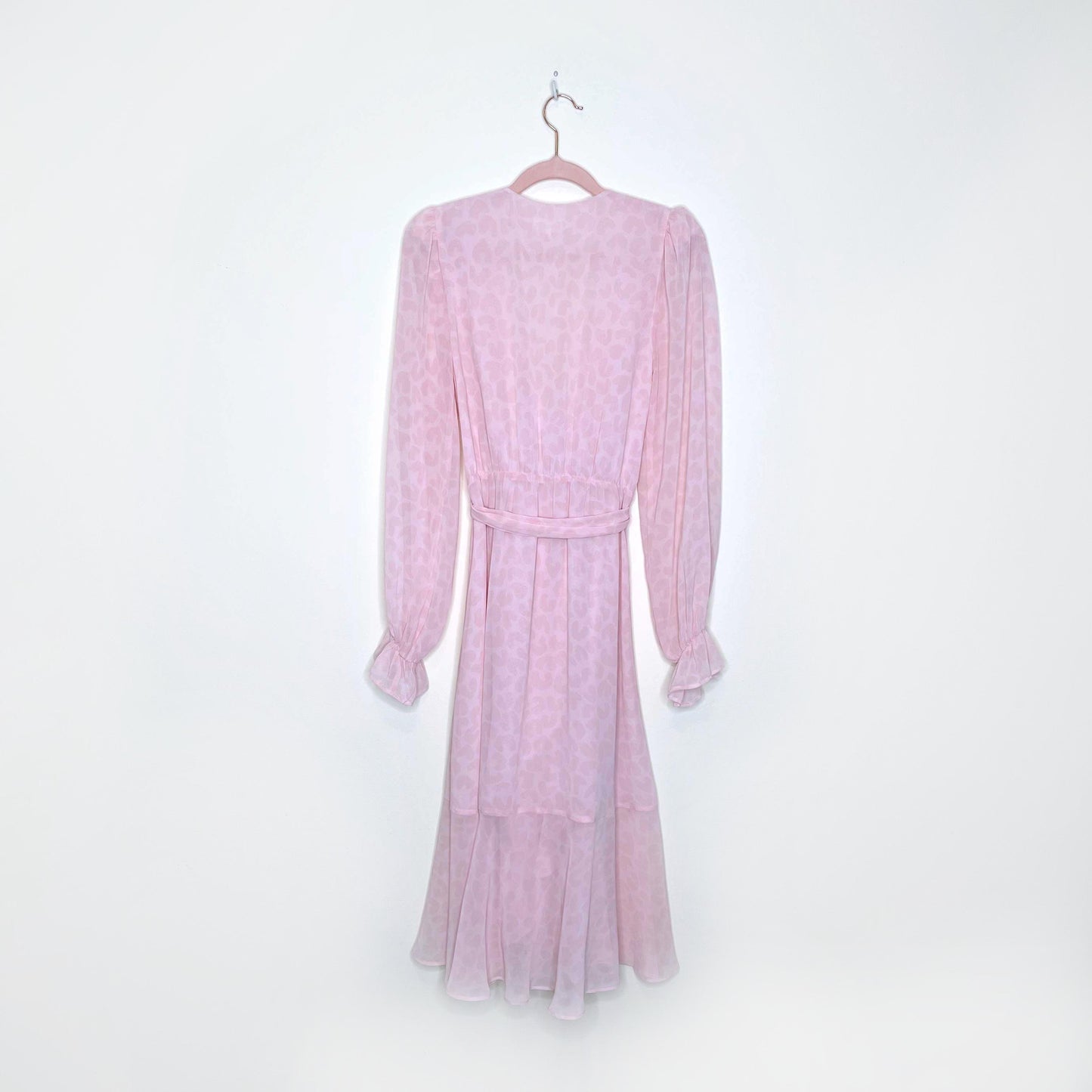 lpa pink leopard chiffon ruffle wrap duster dress - size xs