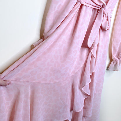 lpa pink leopard chiffon ruffle wrap duster dress - size xs
