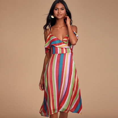 nwt lulus yacht rock multi striped off-shoulder midi dress - size small