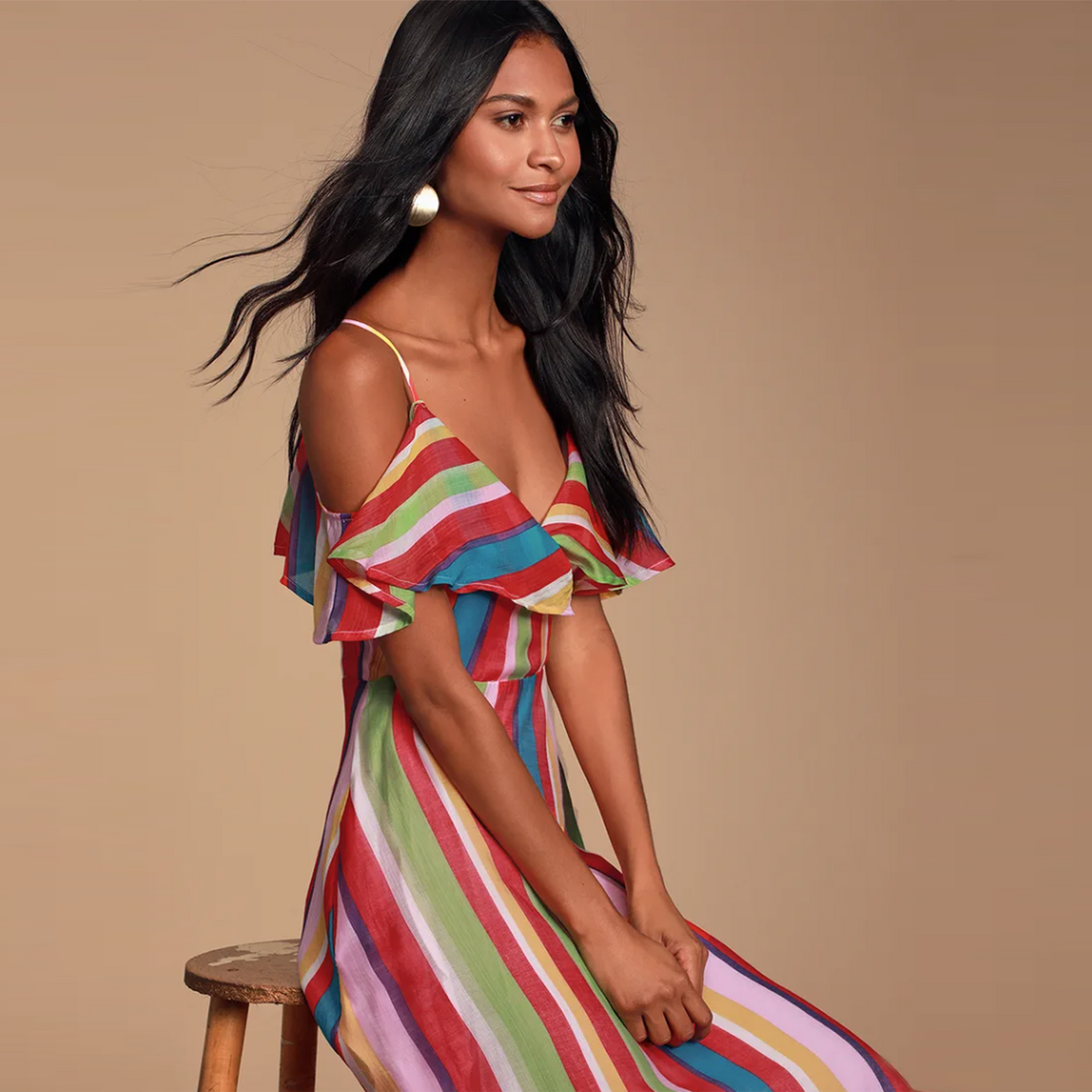 nwt lulus yacht rock multi striped off-shoulder midi dress - size small
