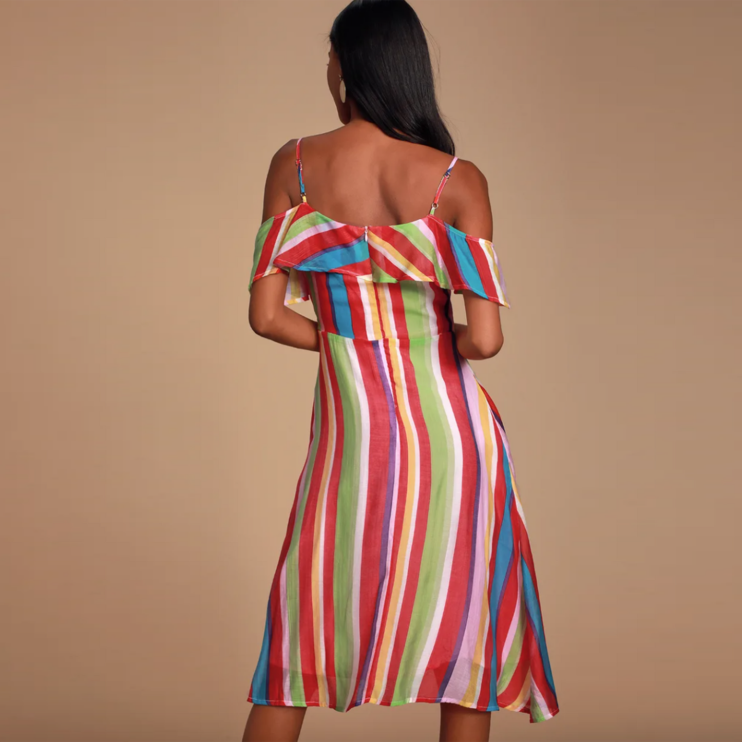 nwt lulus yacht rock multi striped off-shoulder midi dress - size small