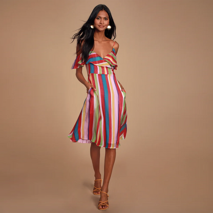 nwt lulus yacht rock multi striped off-shoulder midi dress - size small