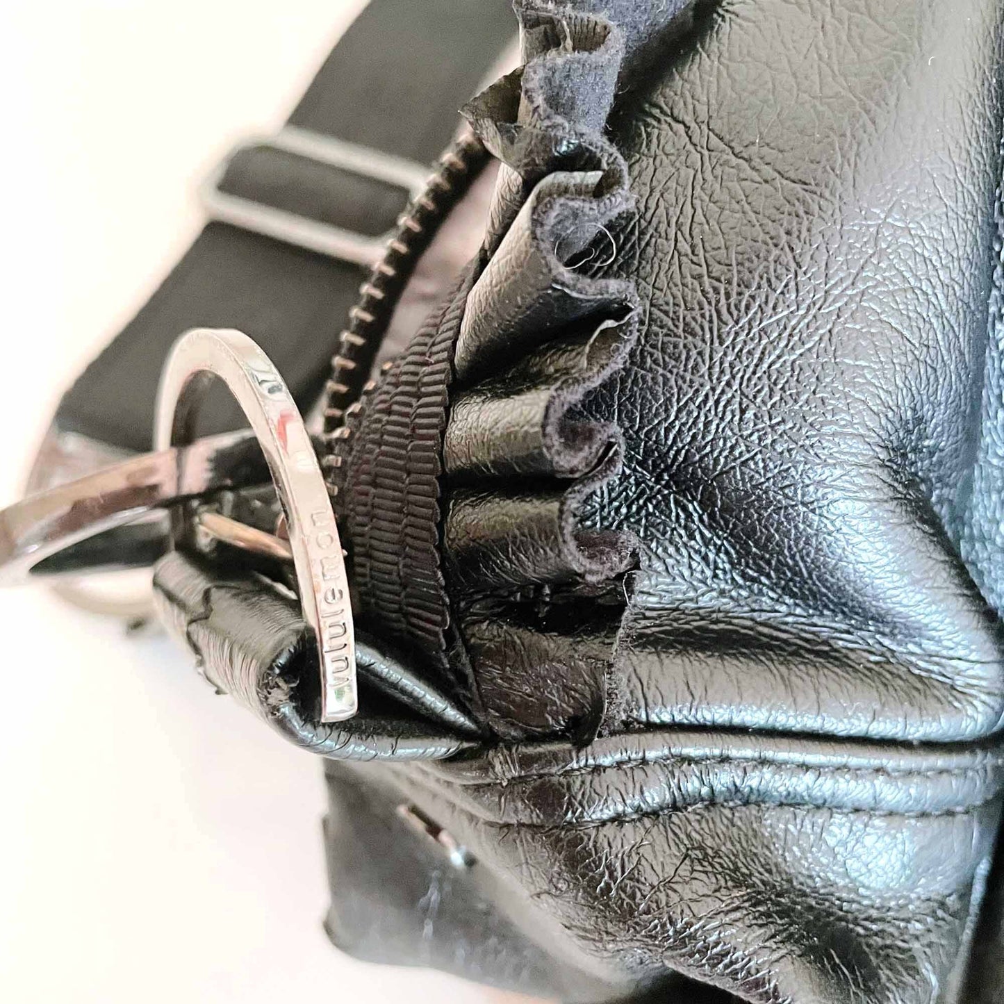 lululemon faux leather gym travel bag with ruffle trim