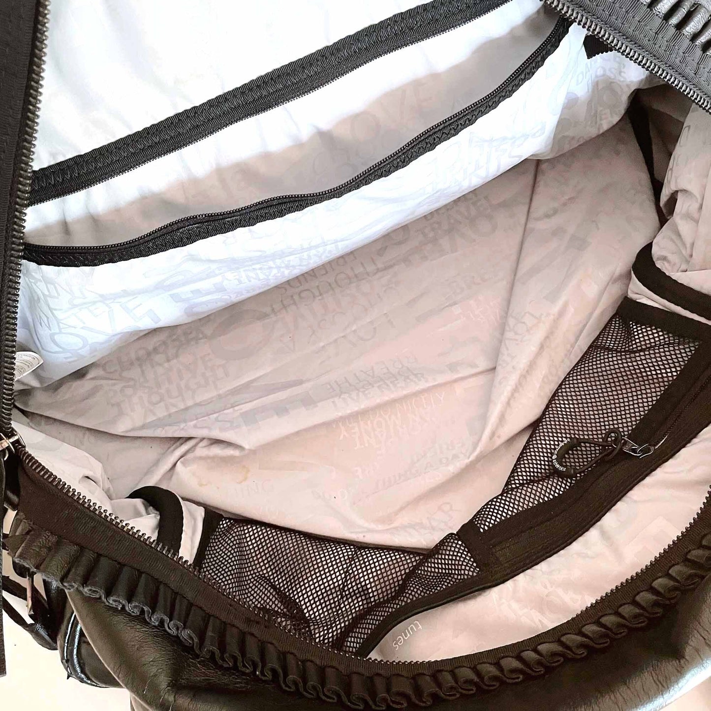 lululemon faux leather gym travel bag with ruffle trim