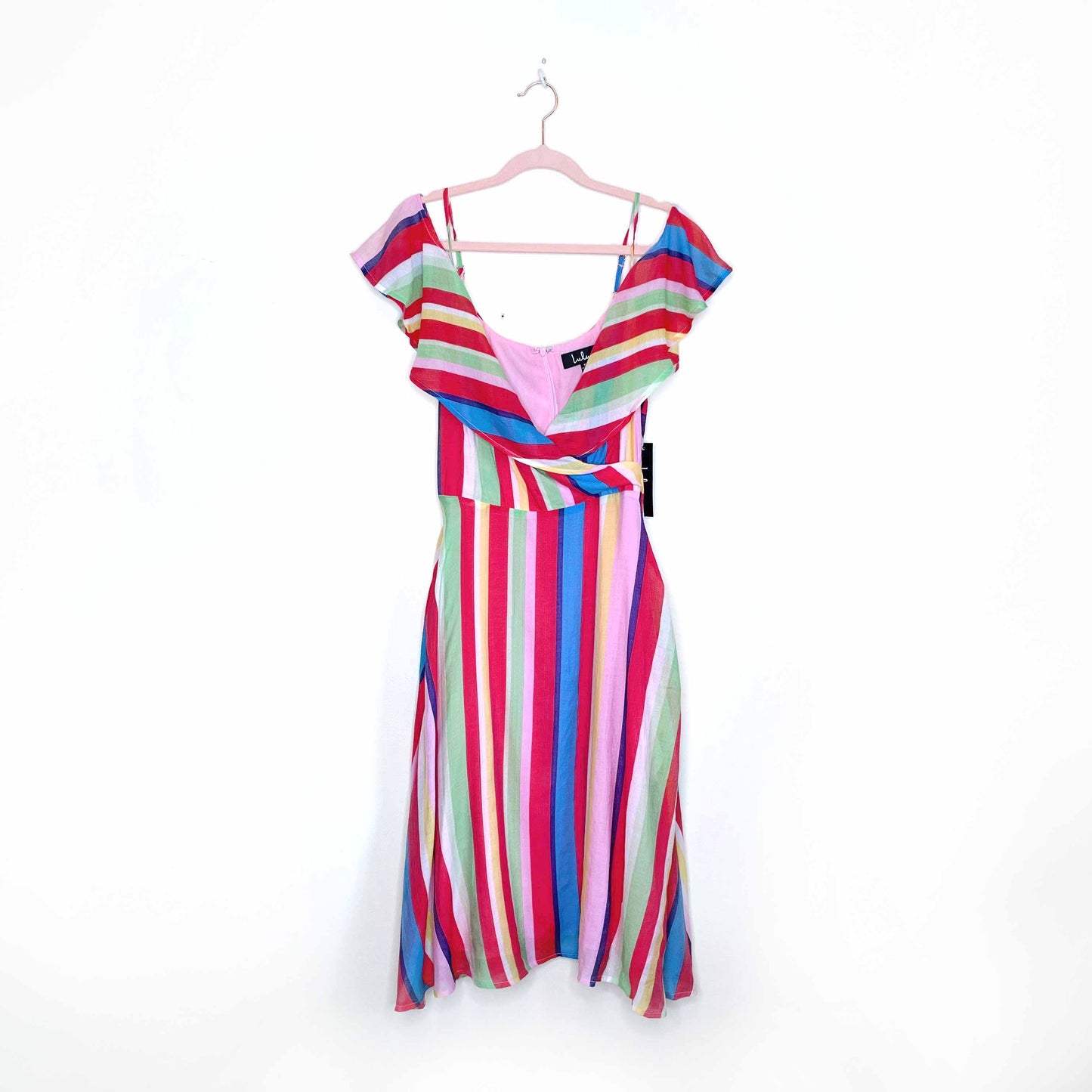 nwt lulus yacht rock multi striped off-shoulder midi dress - size small