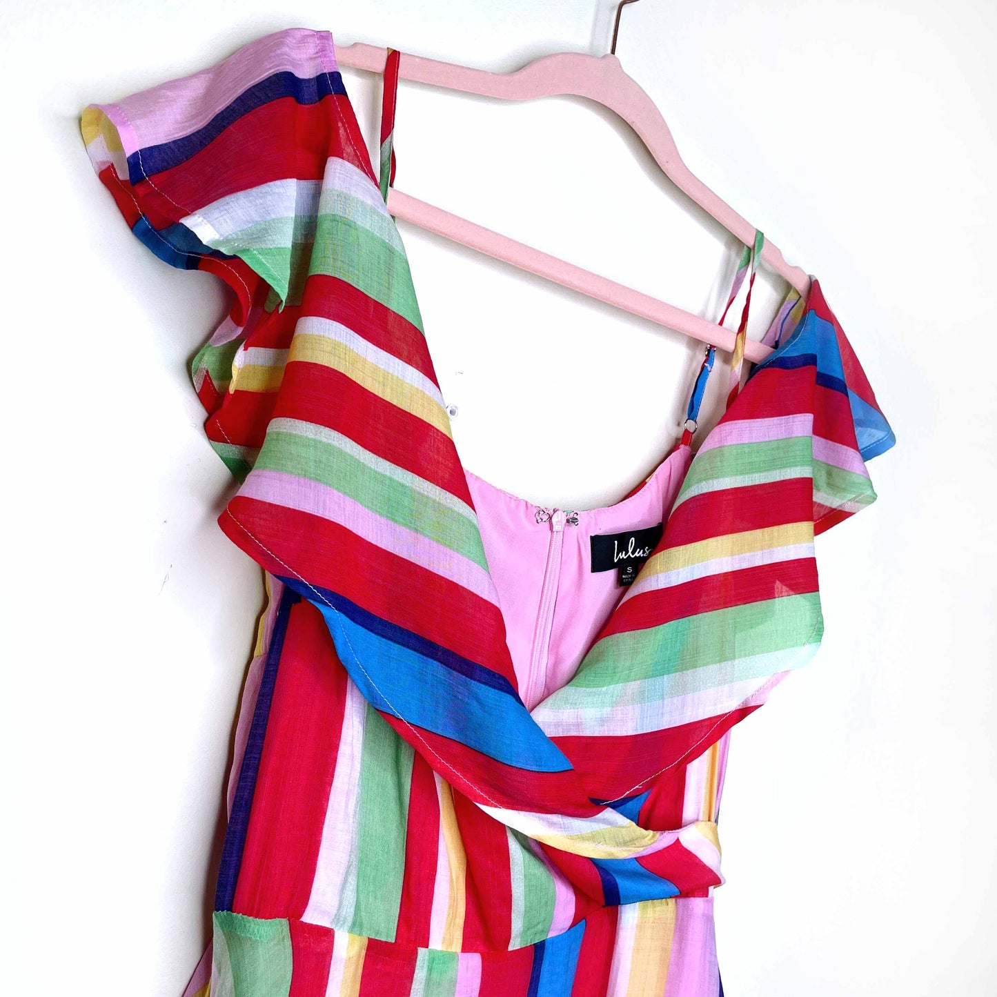 nwt lulus yacht rock multi striped off-shoulder midi dress - size small