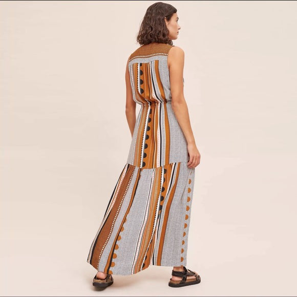 nwt maeve alondra brown motif striped maxi shirt dress - size 2