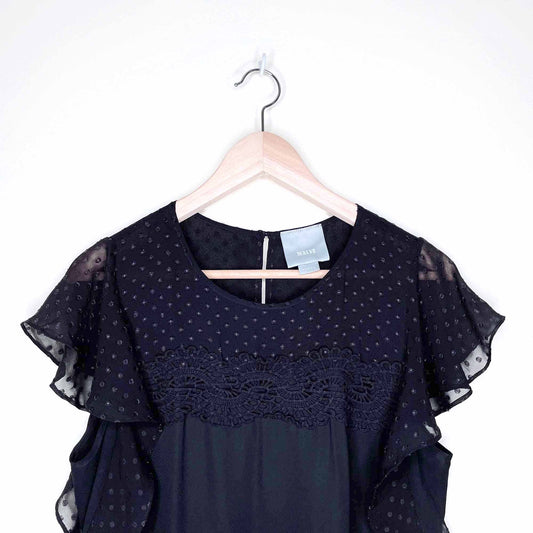maeve black swiss dot flutter sleeve top - size medium