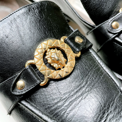 vintage magik by amalfi black leather loafers with gold lion head - size 7.5