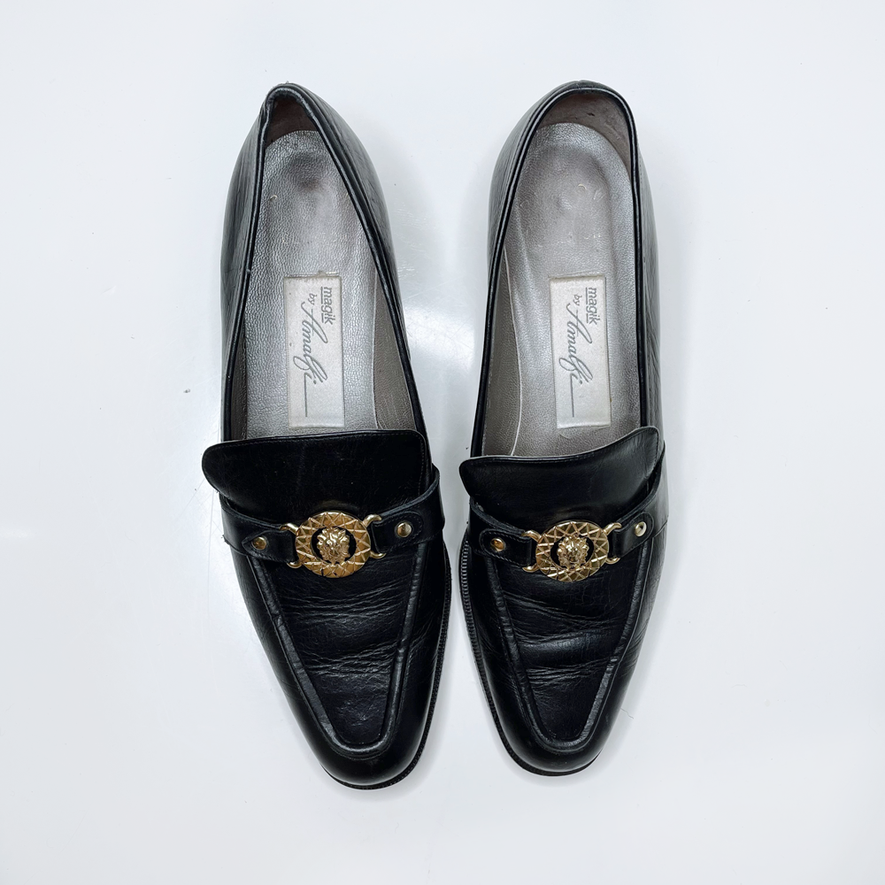 vintage magik by amalfi black leather loafers with gold lion head - size 7.5