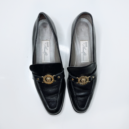 vintage magik by amalfi black leather loafers with gold lion head - size 7.5