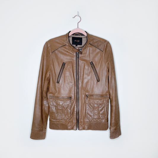 maje butter leather brown bomber moto jacket - size 2