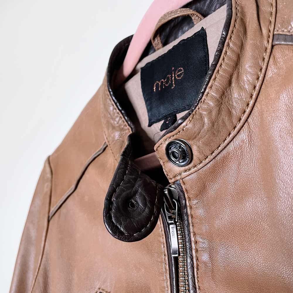 maje butter leather brown bomber moto jacket - size 2