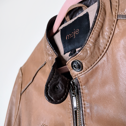 maje butter leather brown bomber moto jacket - size 2