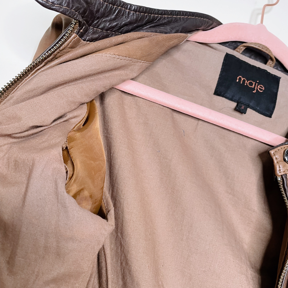 maje butter leather brown bomber moto jacket - size 2
