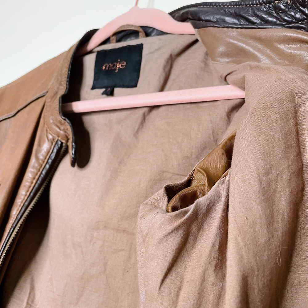 maje butter leather brown bomber moto jacket - size 2