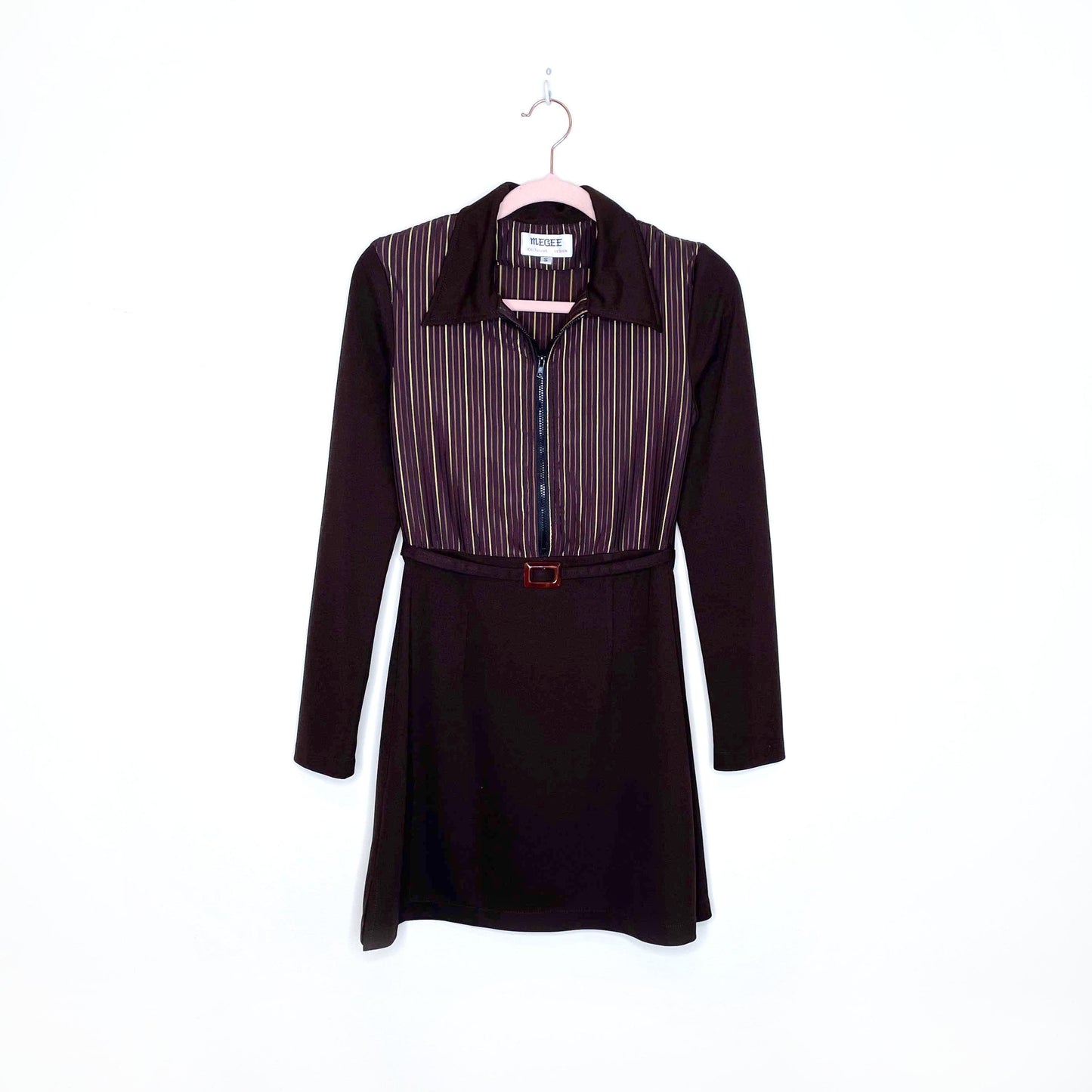 vintage 70's megee retro brown striped shirt dress - size small